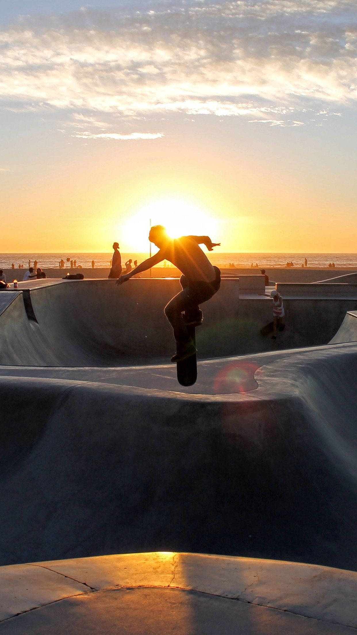 skateboarder, golden sunset, coastal skatepark, Full HD Phone Wallpaper