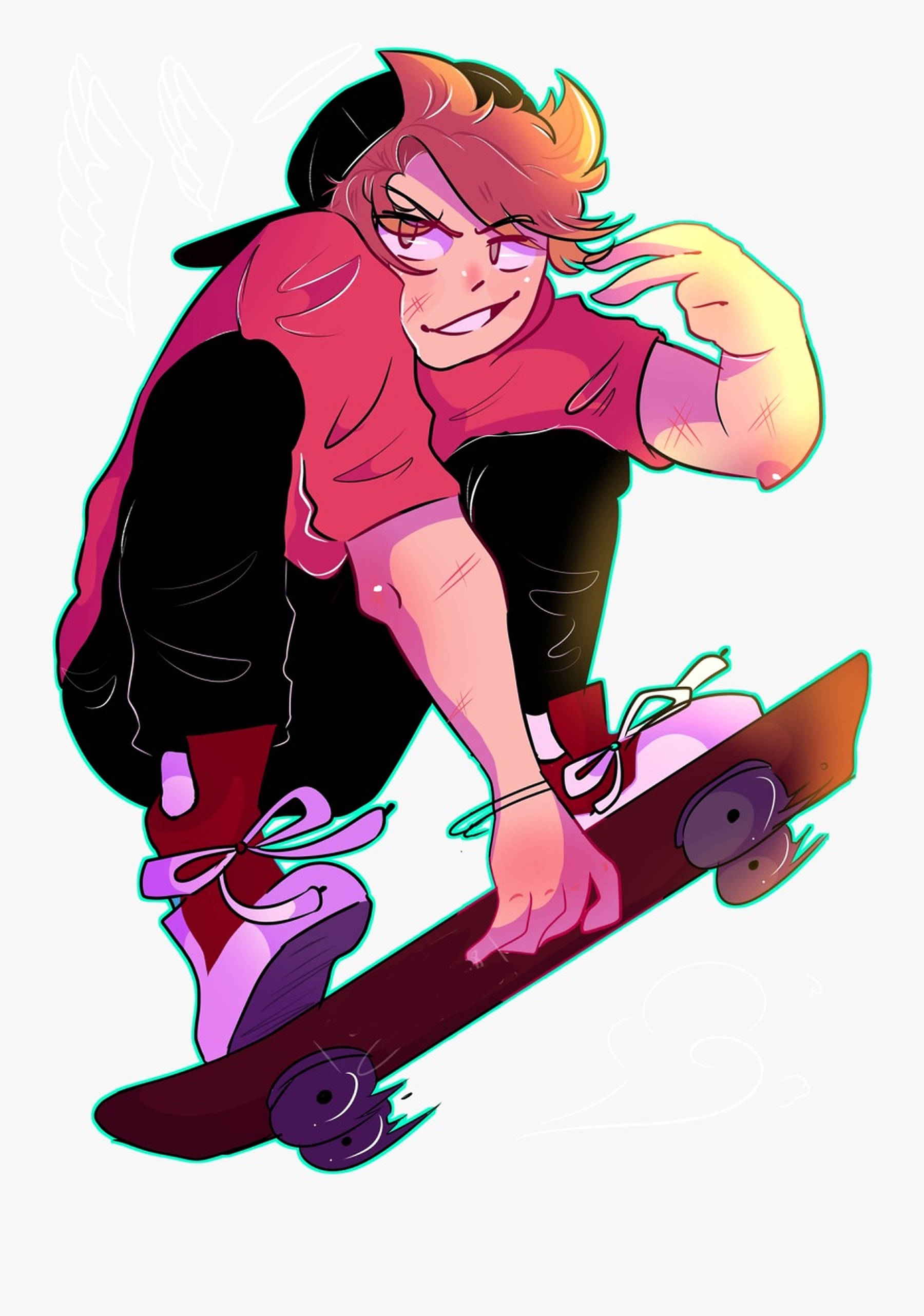 Aesthetic Skater Boy, fiery hair, glowing eyes, 2K Phone Wallpaper
