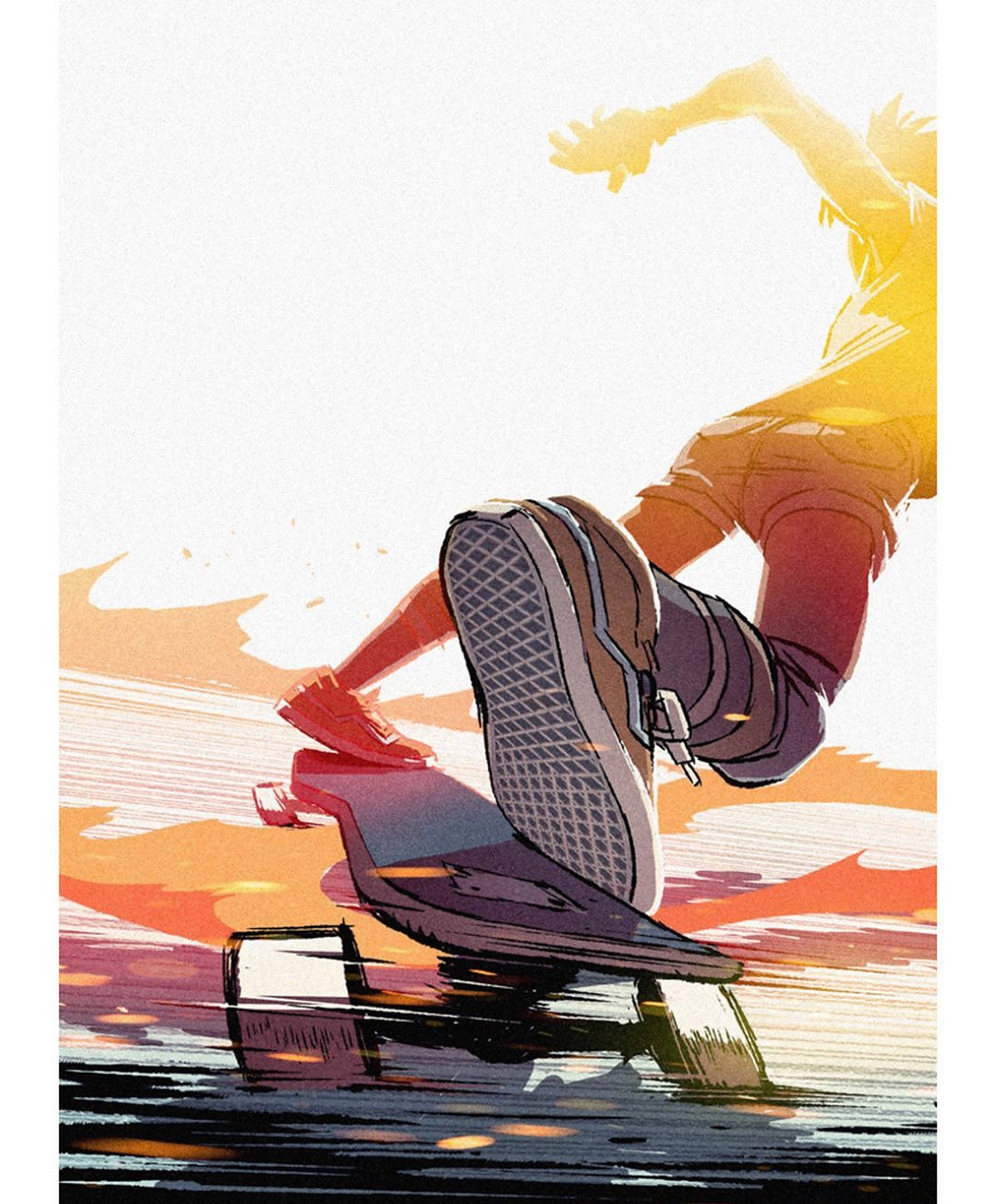 Aesthetic Skater Boy Comic Art, skateboarder, mid-air performing a trick, 2K Phone Wallpaper