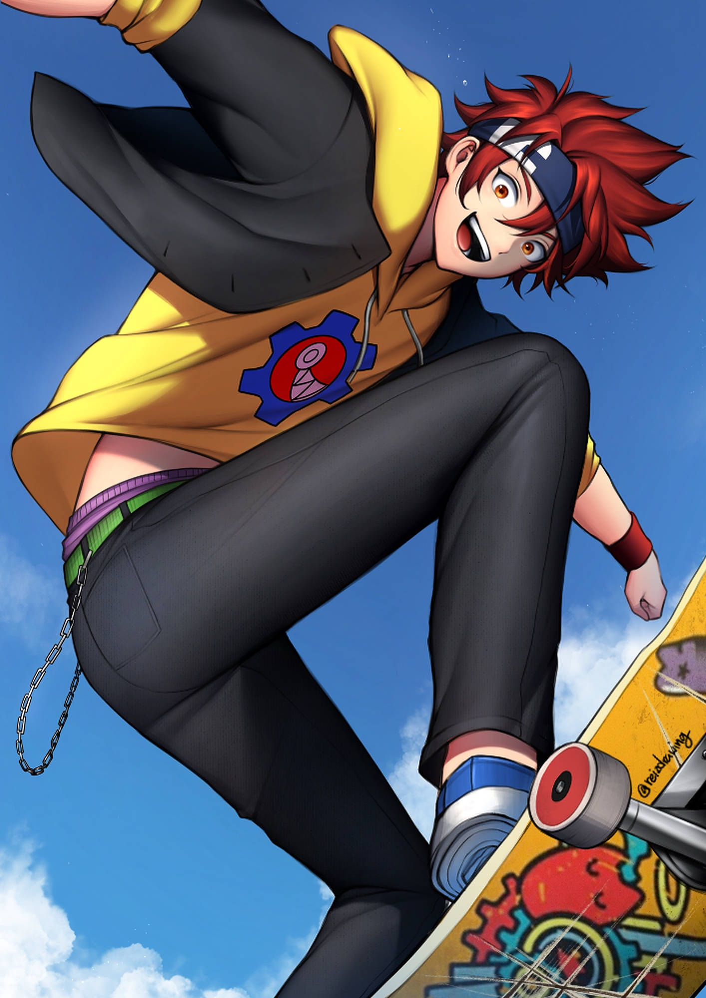 red-haired anime boy, yellow hoodie, colorful skateboard, Full HD Phone Wallpaper