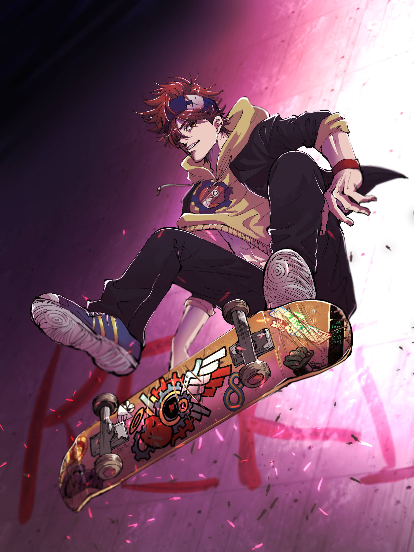 Aesthetic Anime Skater Boy, graffiti-covered board, vibrant pink and purple background, Full HD Phone Wallpaper