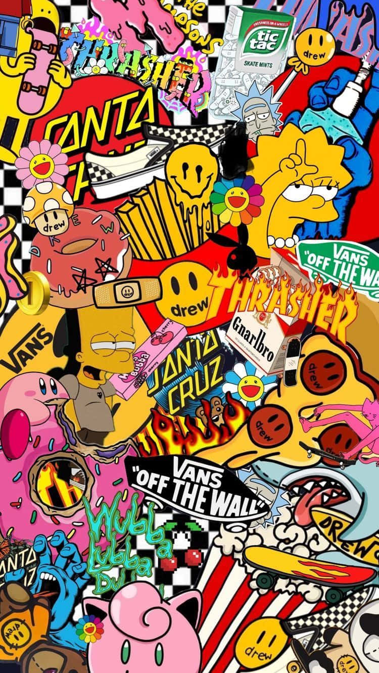 cartoon stickers, graffiti-style collage, skate brands, HD Phone Wallpaper