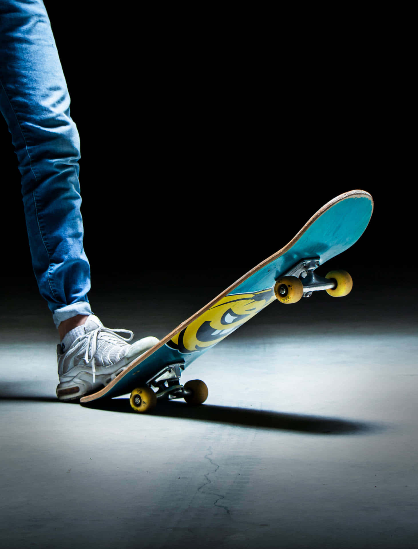 blue deck, yellow wheels, white sneaker, Full HD Phone Wallpaper