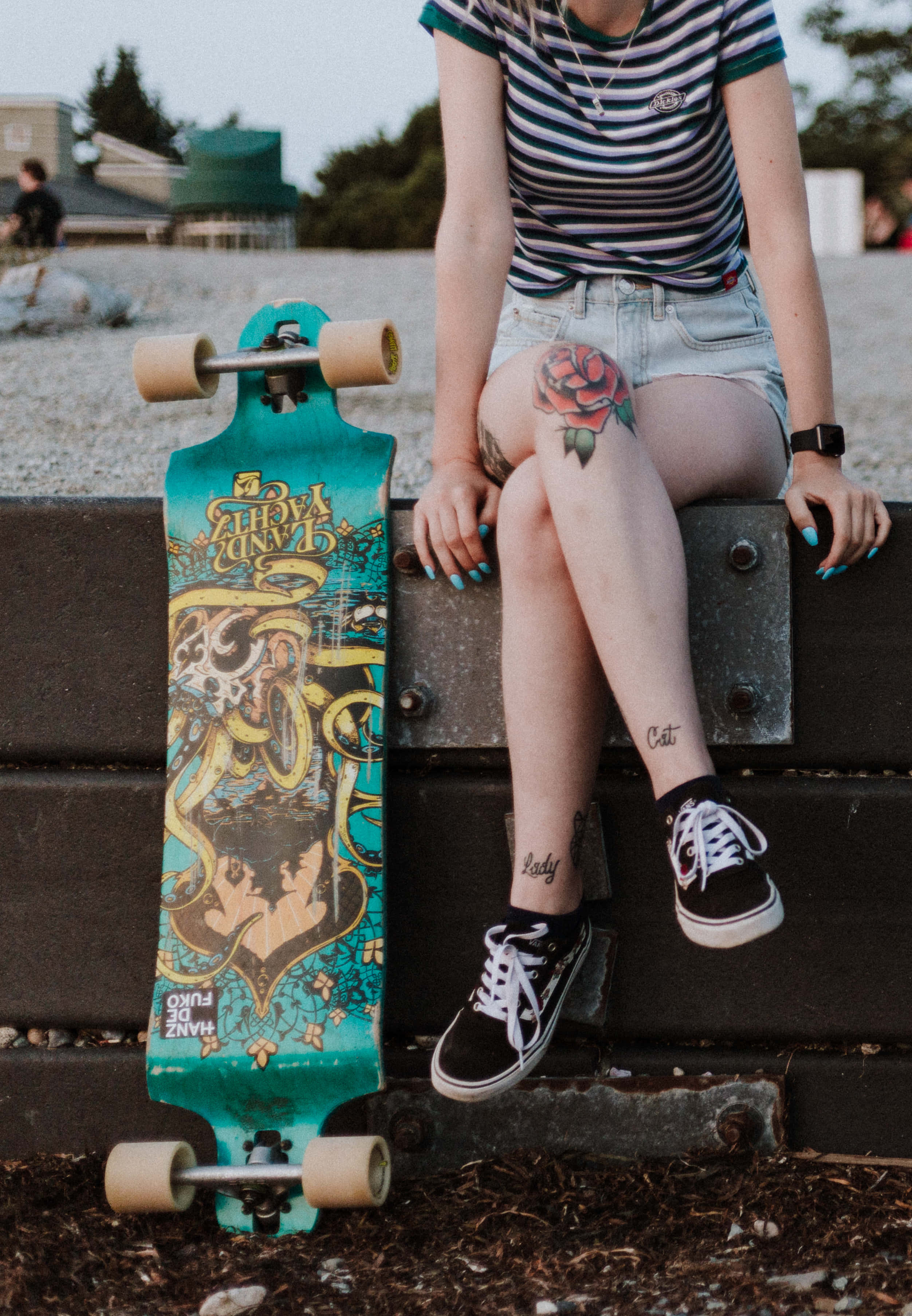skater girl aesthetic, blue nails, colorful longboard, 2K Phone Wallpaper