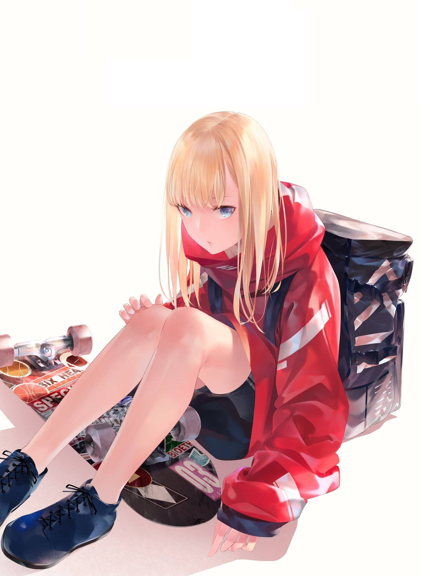 skater anime girl, red hoodie, skateboard, Full HD Phone Wallpaper