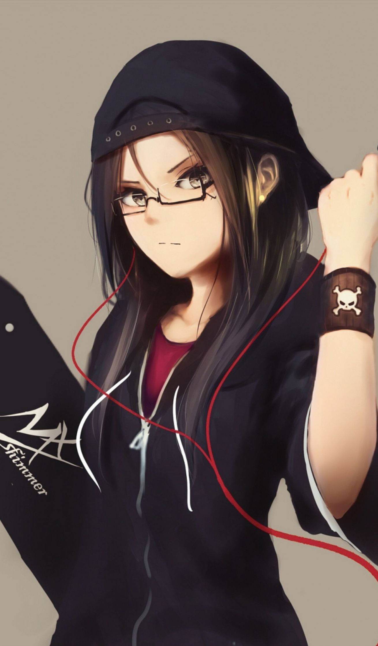 anime girl, glasses, black hoodie, Full HD Phone Wallpaper