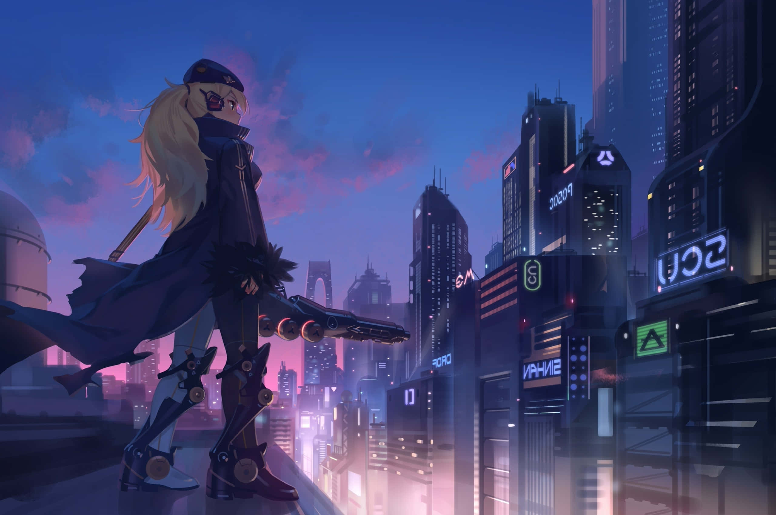 Cyberpunk Skater Girlin Cityscape, neon-lit futuristic city, twilight, 2K Desktop Wallpaper