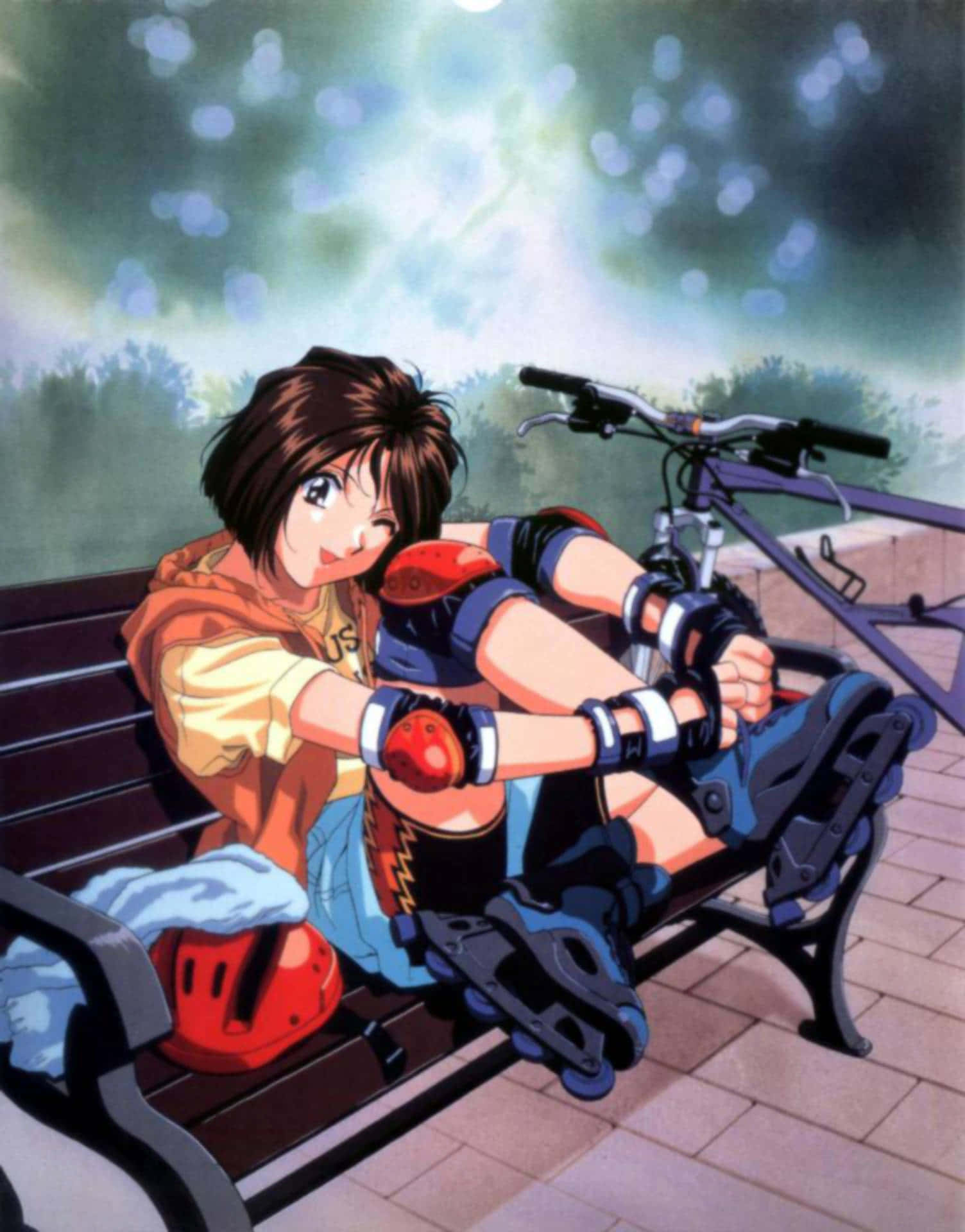 anime girl, rollerblades, protective gear, Full HD Phone Wallpaper