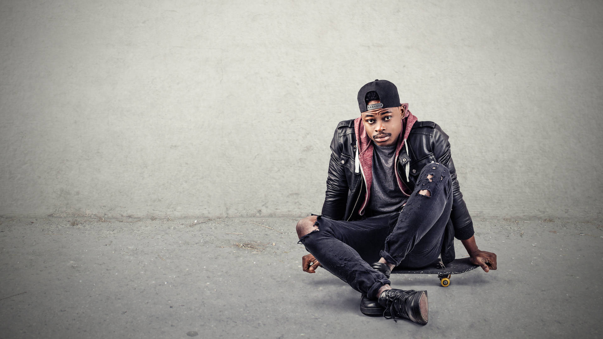 African man, skater, black leather jacket, Full HD Desktop Wallpaper