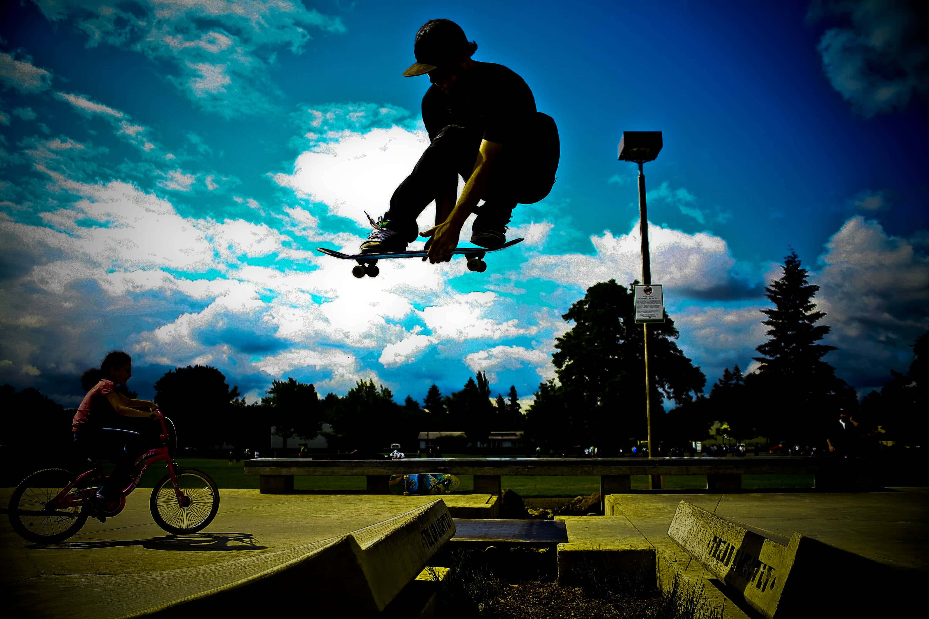 skater, kickflip, vibrant blue sky, 2K Desktop Wallpaper