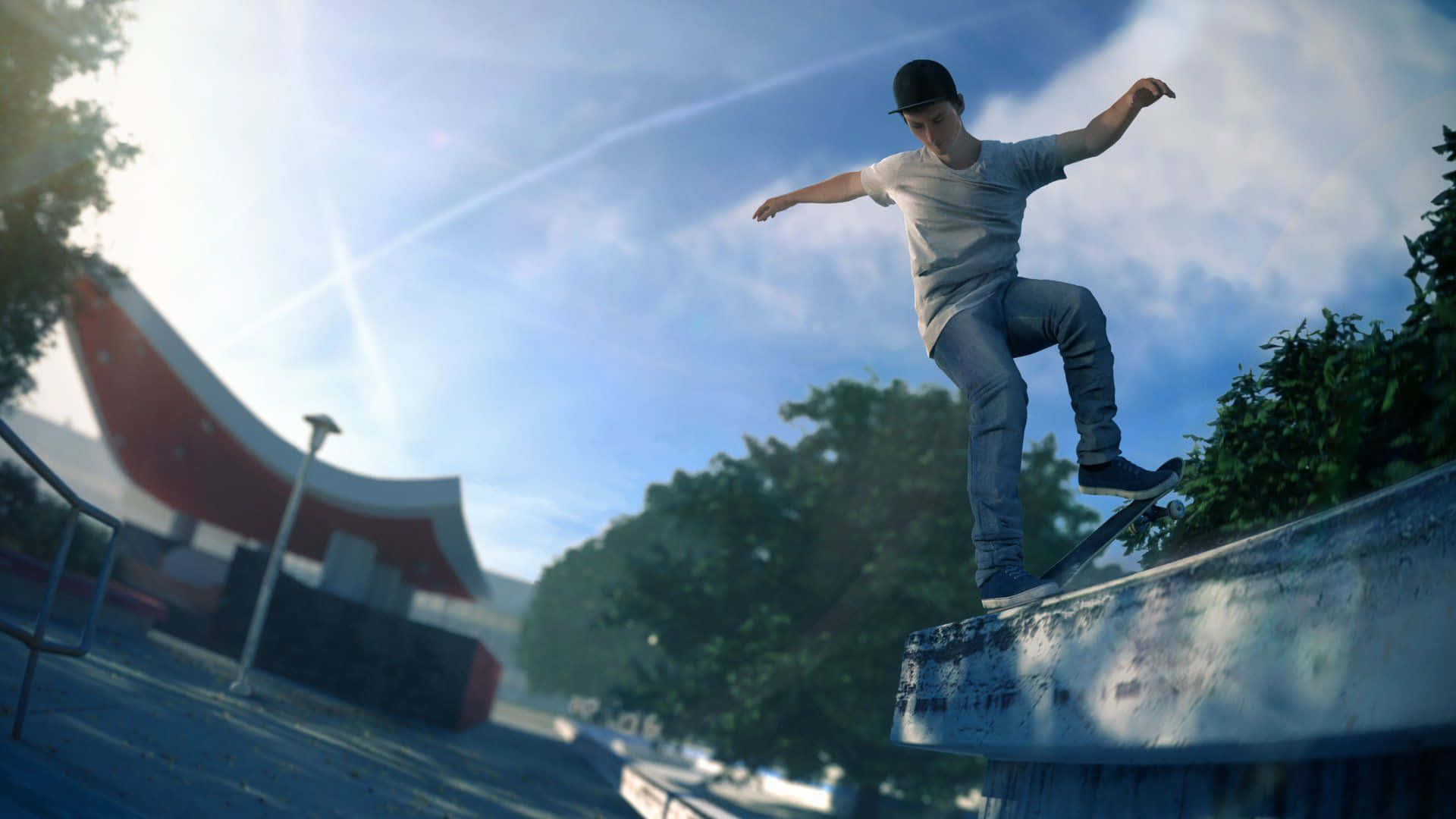 skateboarder, concrete ledge, bright blue sky, Full HD Desktop Wallpaper