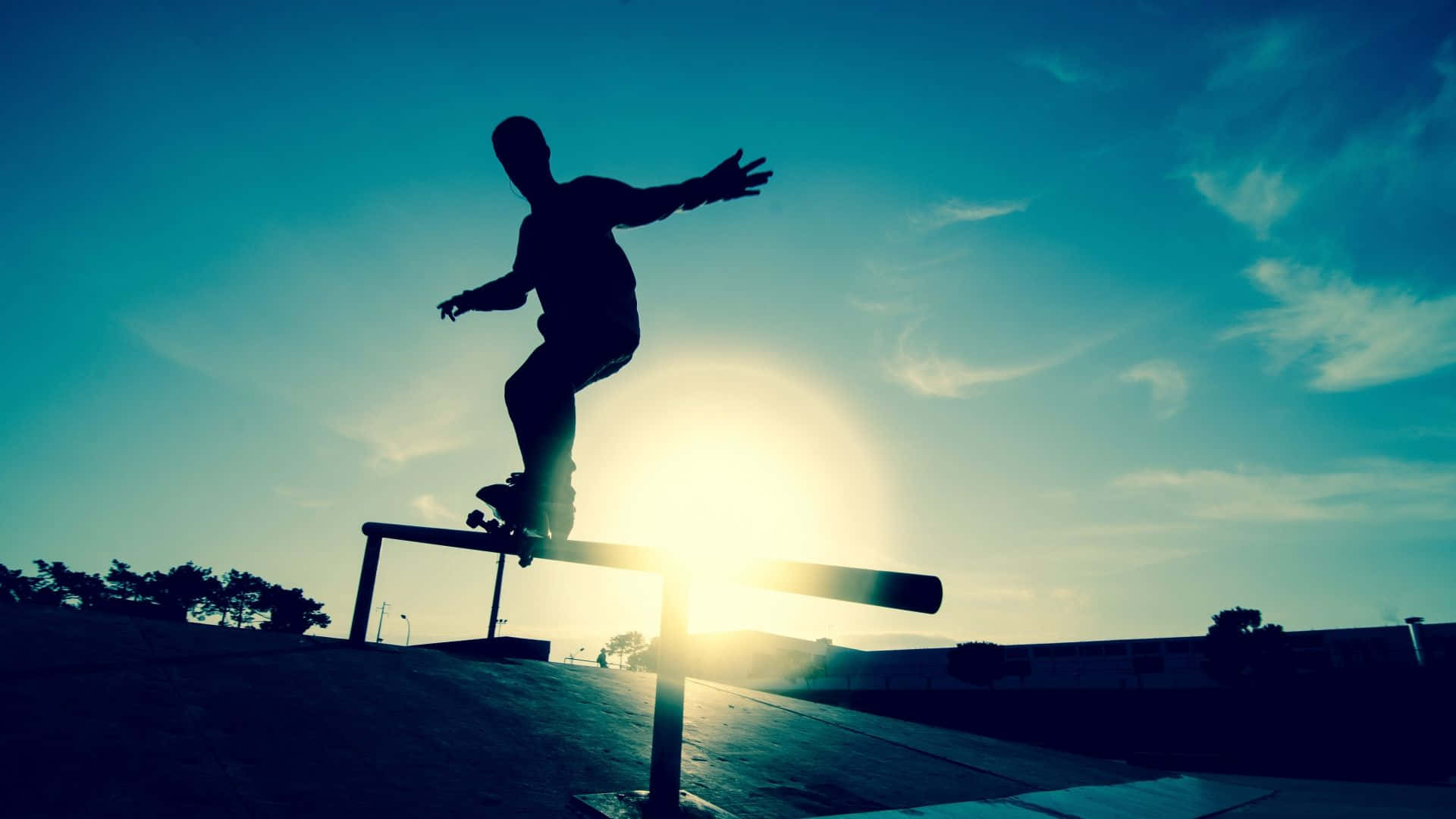 skateboarder, silhouette, rail, Full HD Desktop Wallpaper