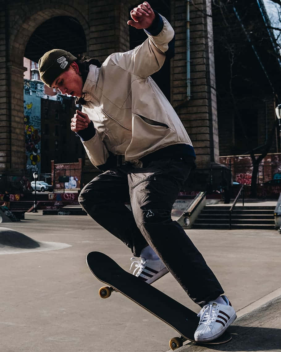 skateboarder, beige jacket, beanie, SD Phone Wallpaper
