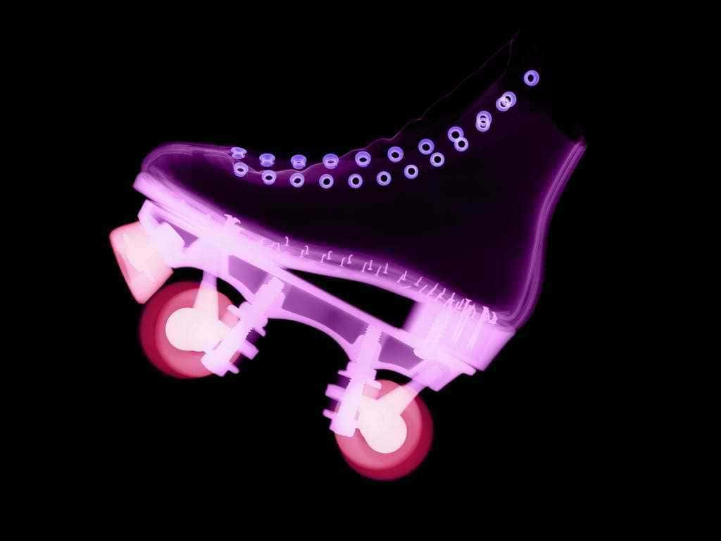 purple roller skate, pink wheels, black background, SD Desktop Wallpaper