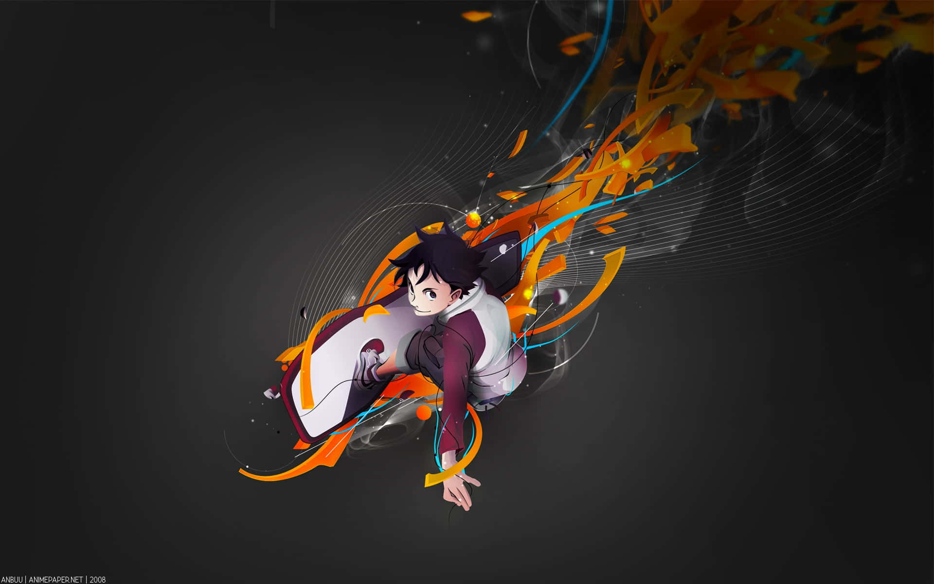 Skateboarder, anime boy, orange and blue energy trails, Full HD Desktop Wallpaper