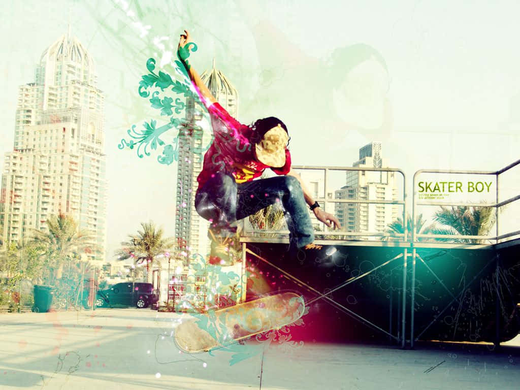 skater, ramp, graffiti-style swirls, SD Desktop Wallpaper