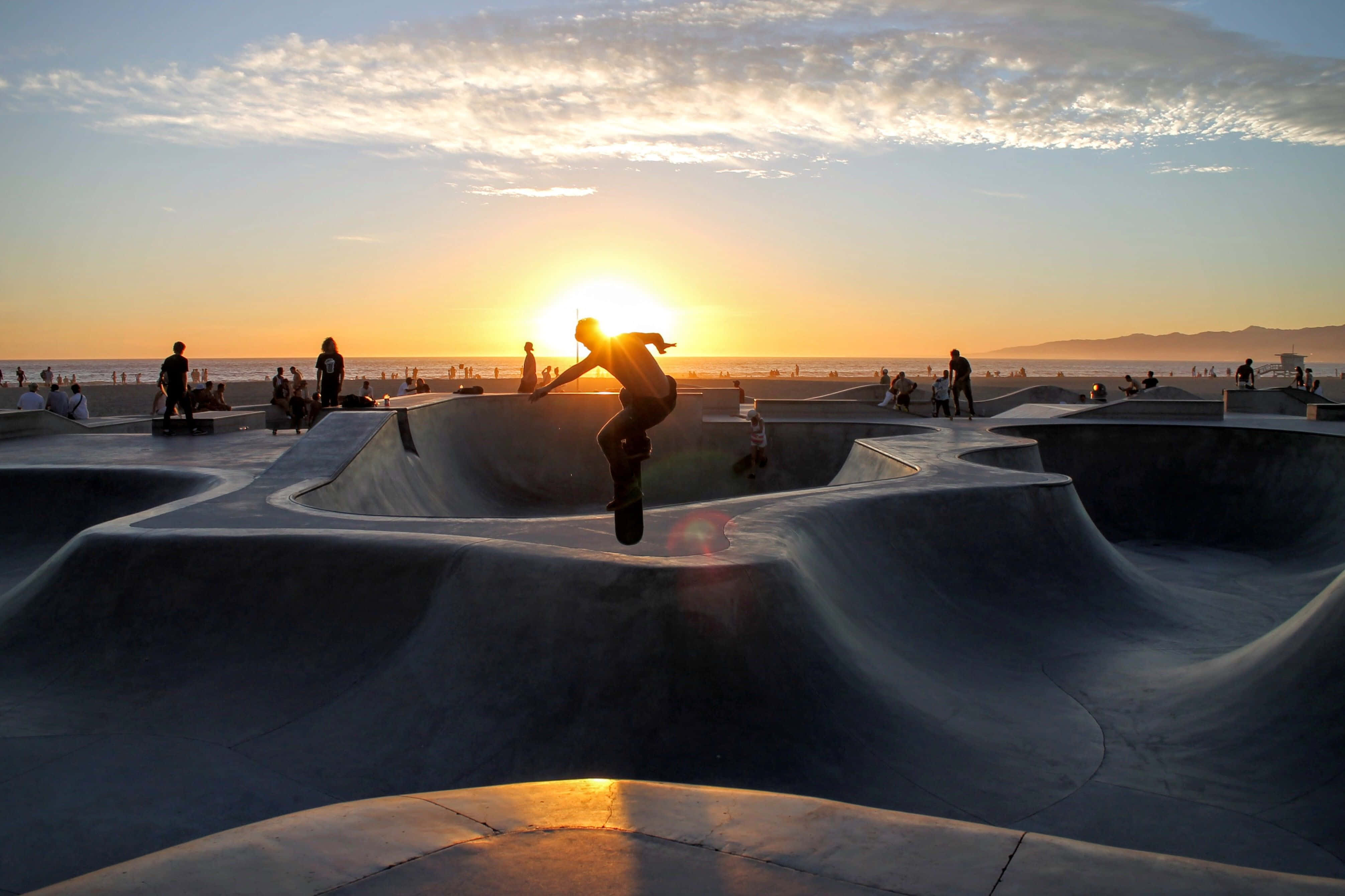 skateboarder, golden sunset, concrete skatepark, 4K Desktop Wallpaper
