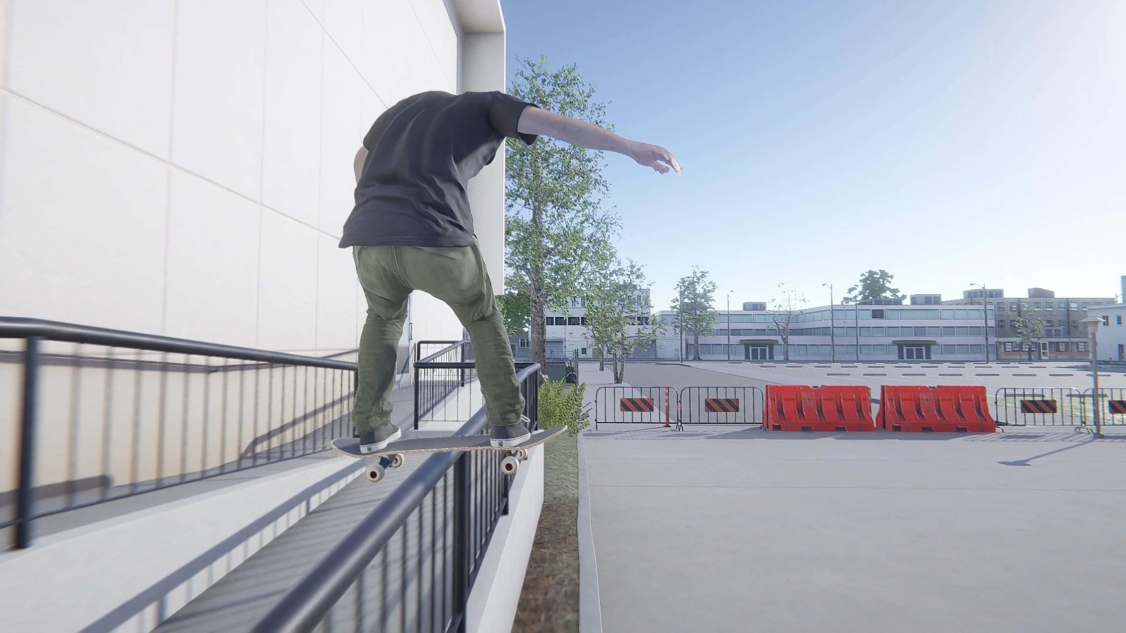 skateboarder, black railing, sunny urban rooftop, 4K Desktop Wallpaper