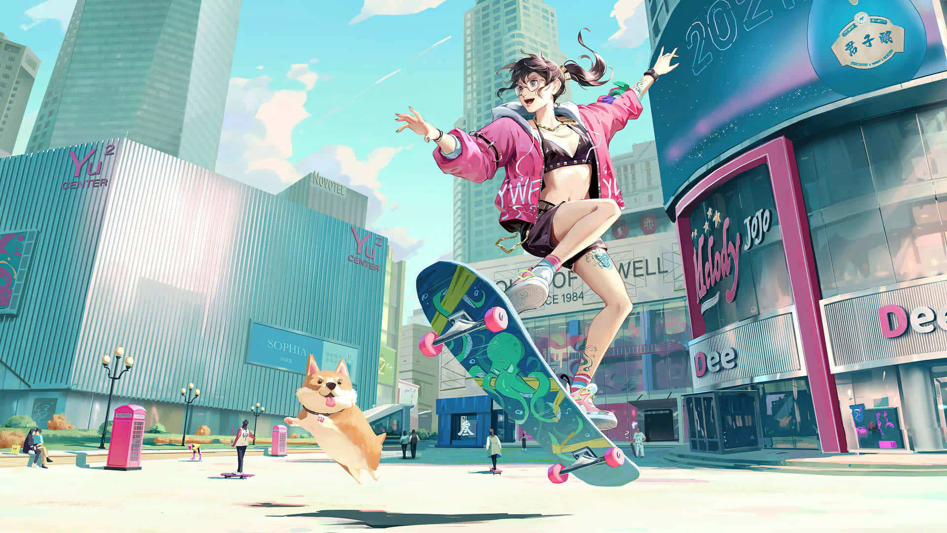 skater girl aesthetic, pink jacket, skateboard, Full HD Desktop Wallpaper