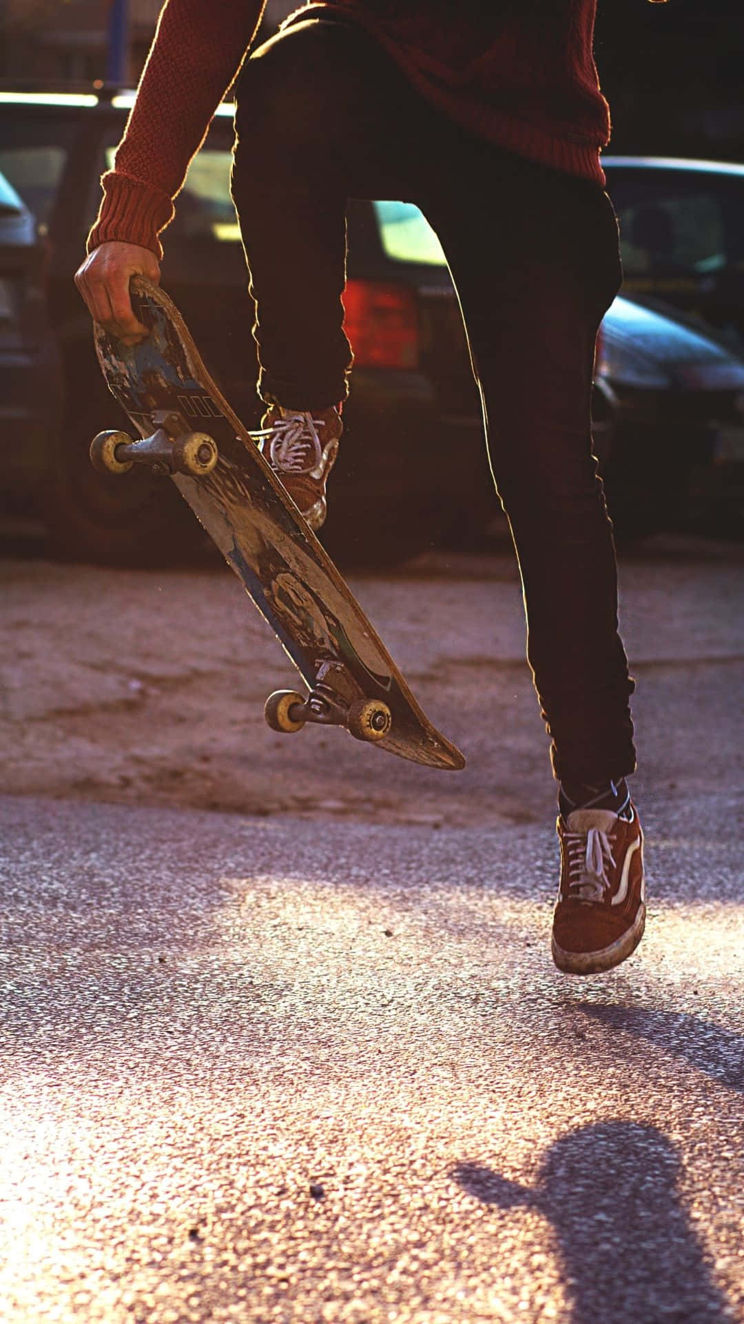 skateboard, sunlit urban street, person, Full HD Phone Wallpaper