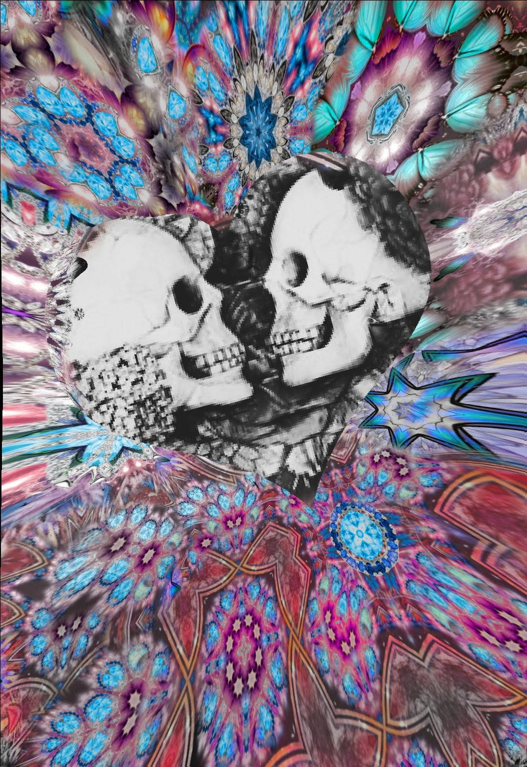 Skeleton Love, black and white skulls, psychedelic explosion, HD Phone Wallpaper