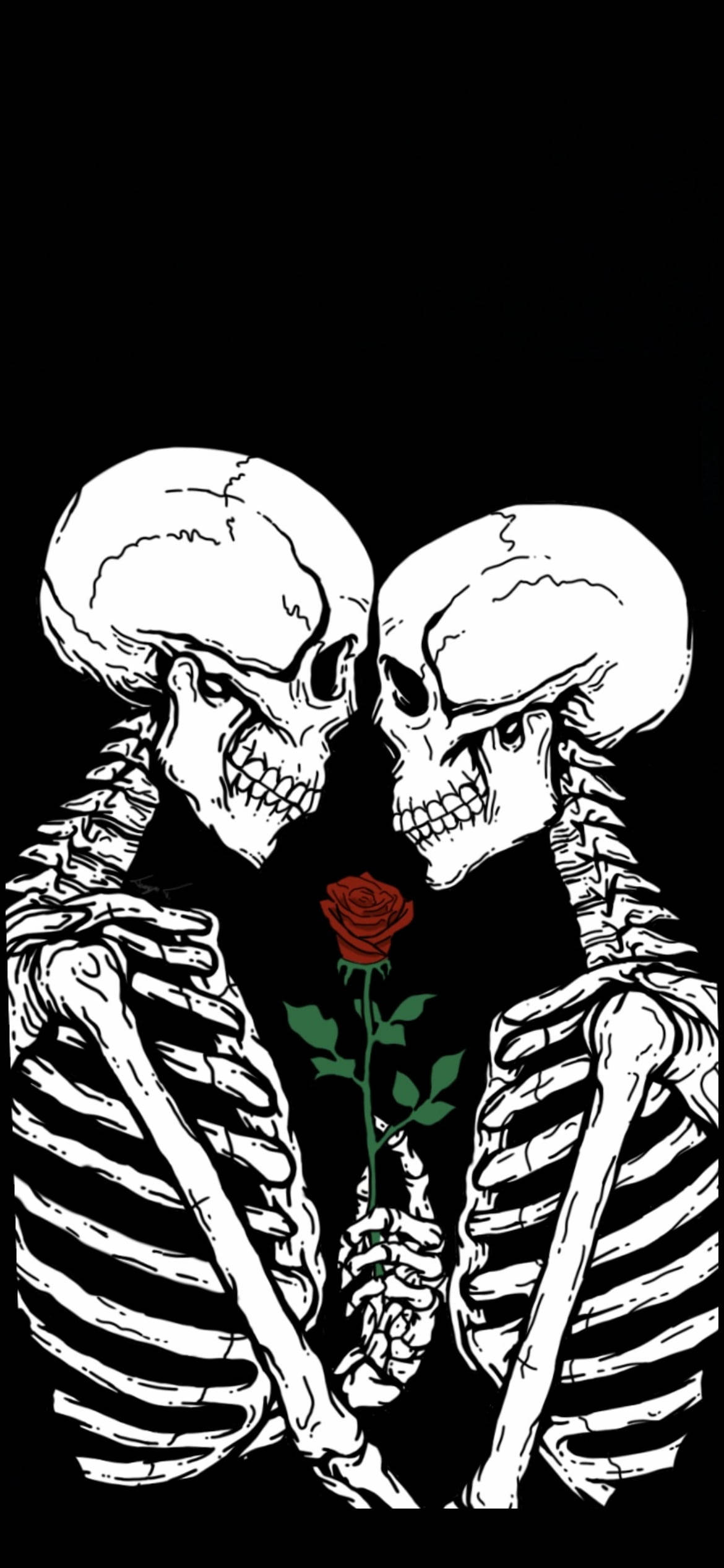 Skeleton Love, red rose, white line art, Full HD Phone Wallpaper