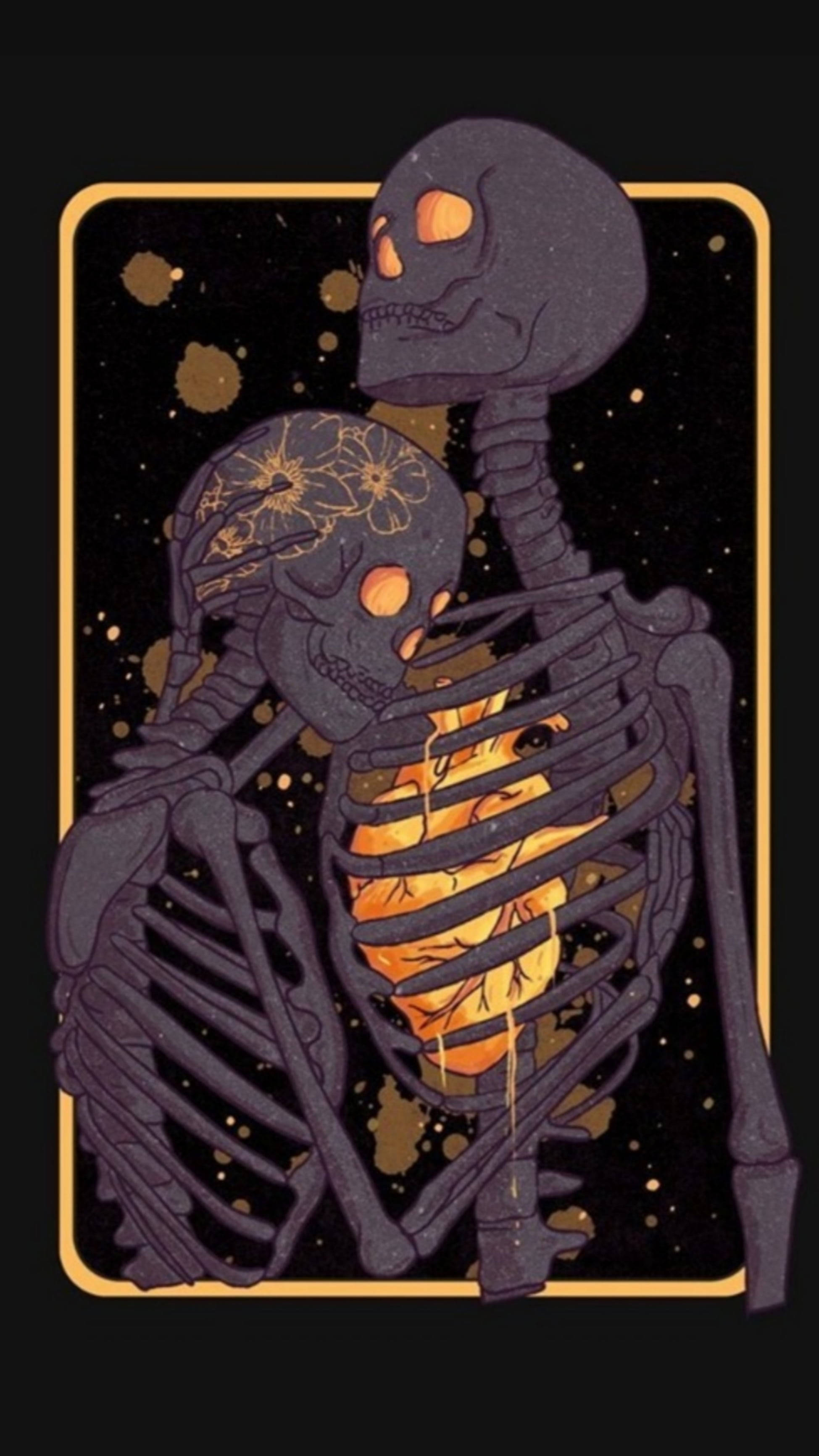 Skeleton Love, purple skeletons, starry night sky, 2K Phone Wallpaper