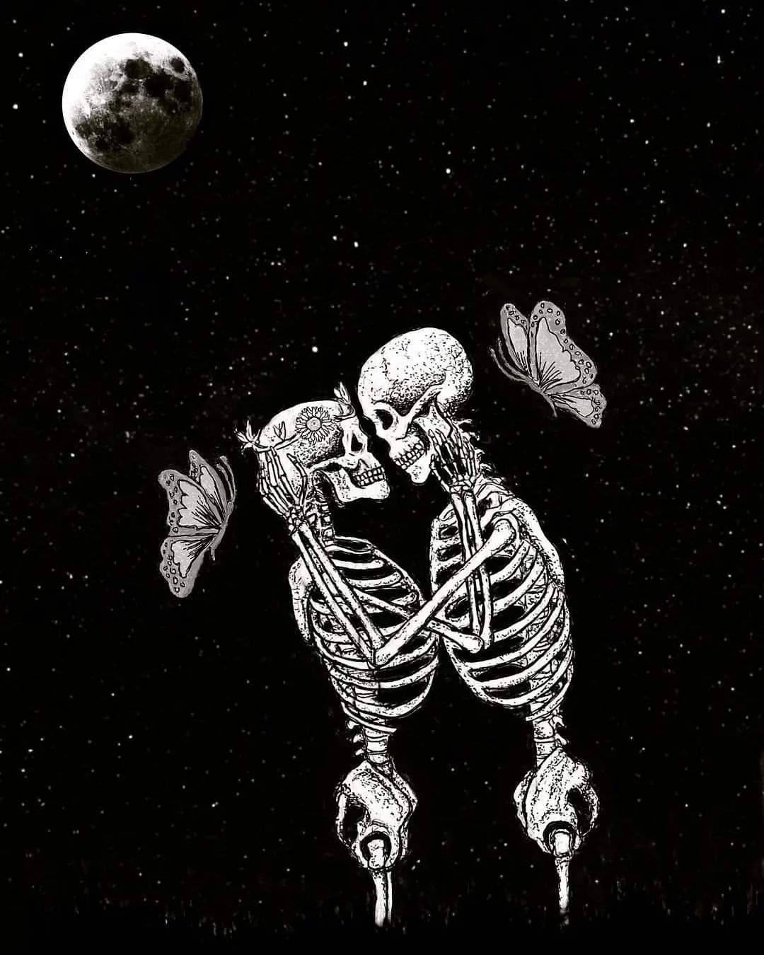 Skeleton Love, butterflies, full moon, HD Phone Wallpaper