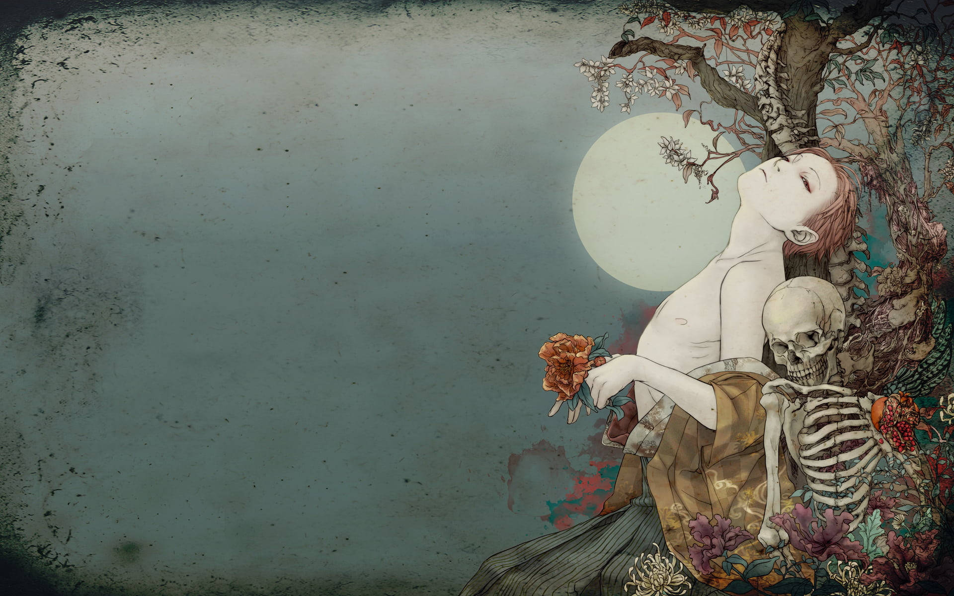 Skeleton Love, full moon, blossoming trees, Full HD Desktop Wallpaper