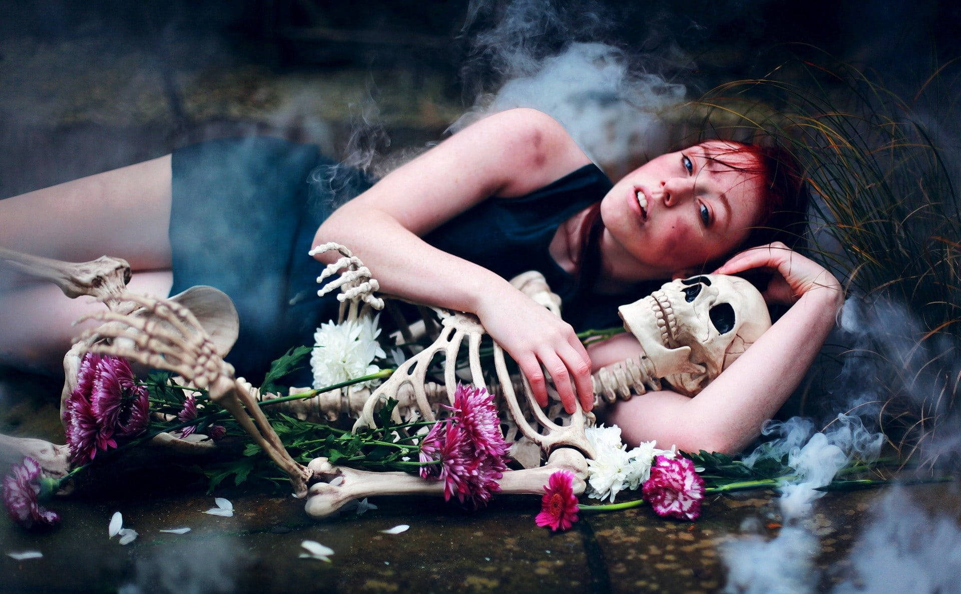 Skeleton Love, red hair, human skeleton, Full HD Desktop Wallpaper