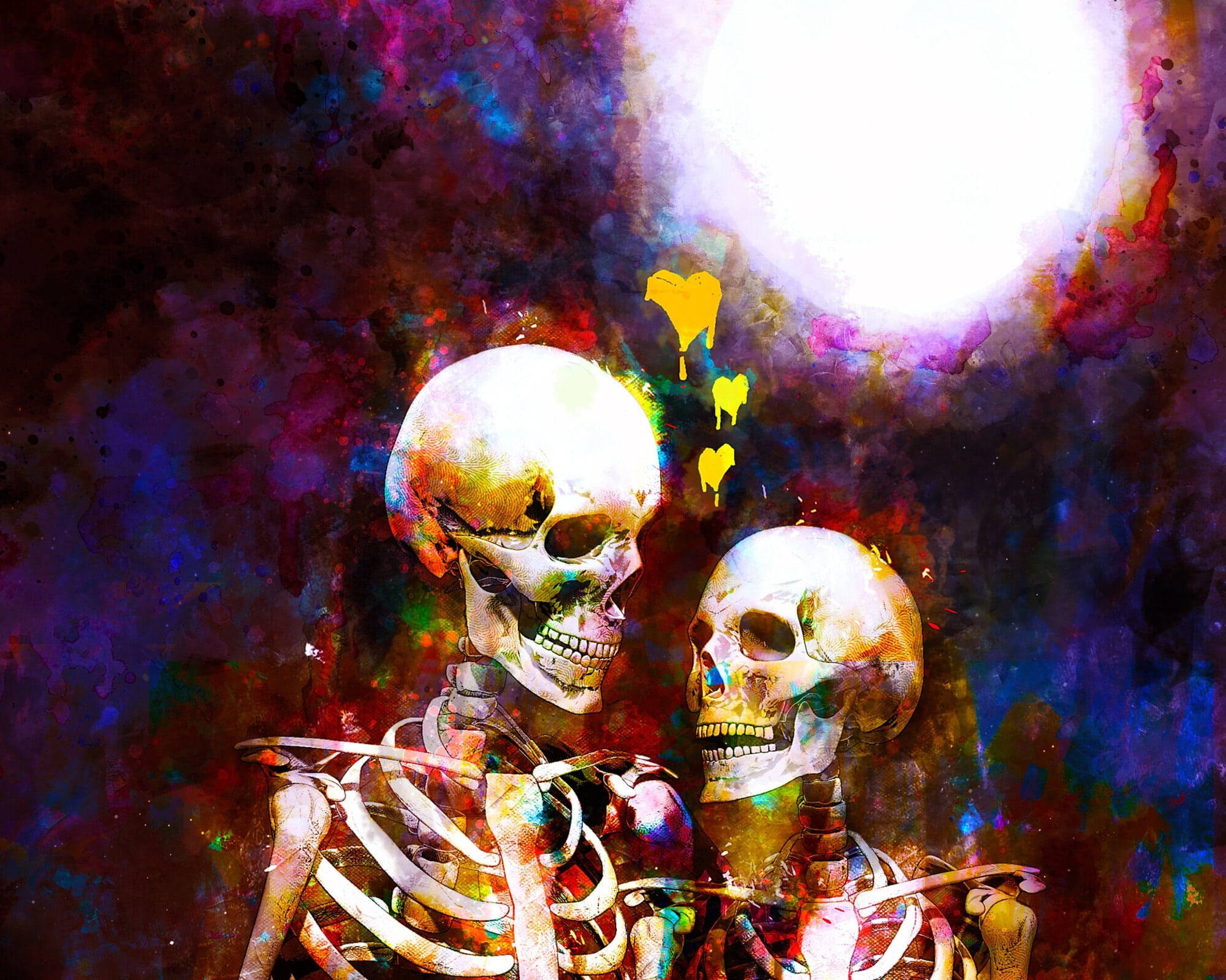 Surreal Art Skeleton Love, glowing moon, dripping yellow hearts, Full HD Desktop Wallpaper