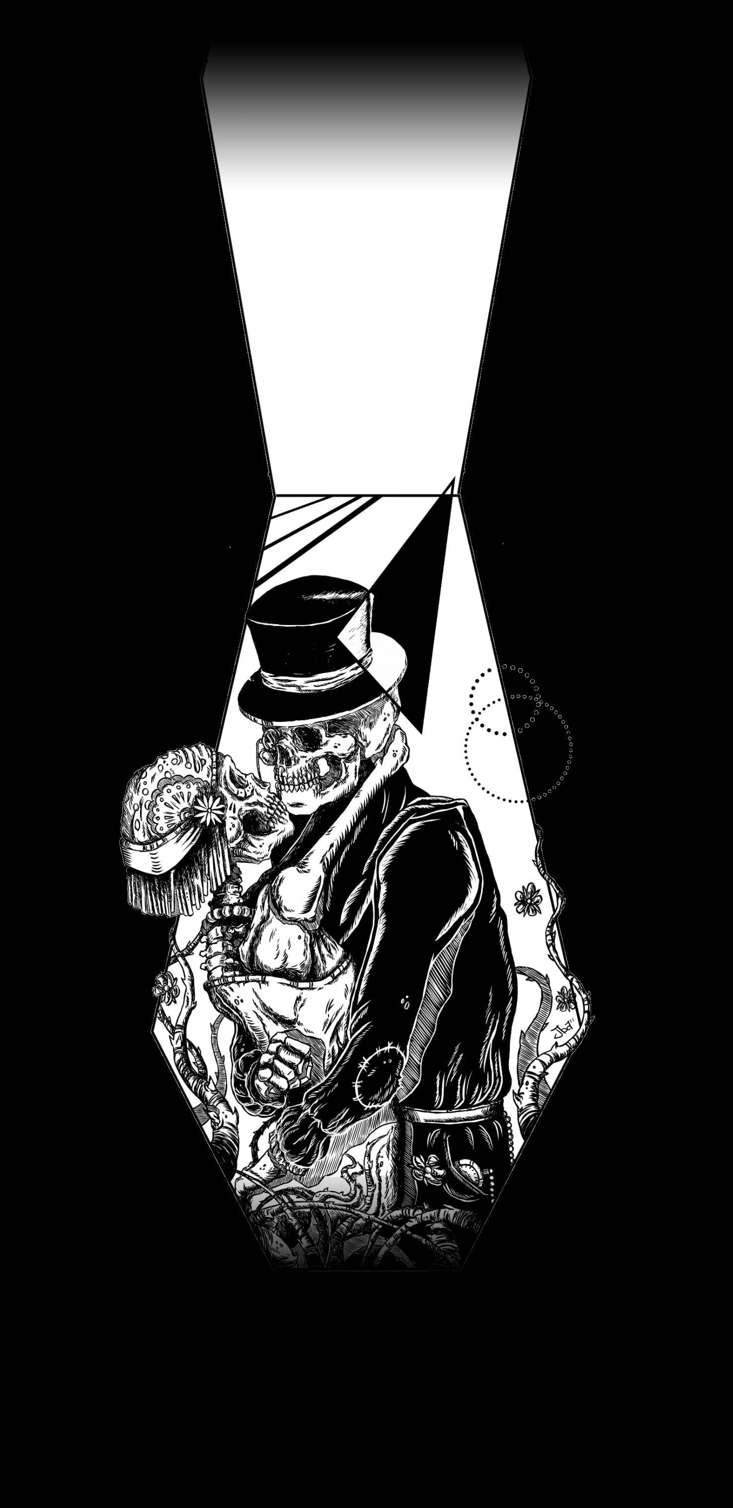 Skeleton Love, top hat, suit, 2K Phone Wallpaper