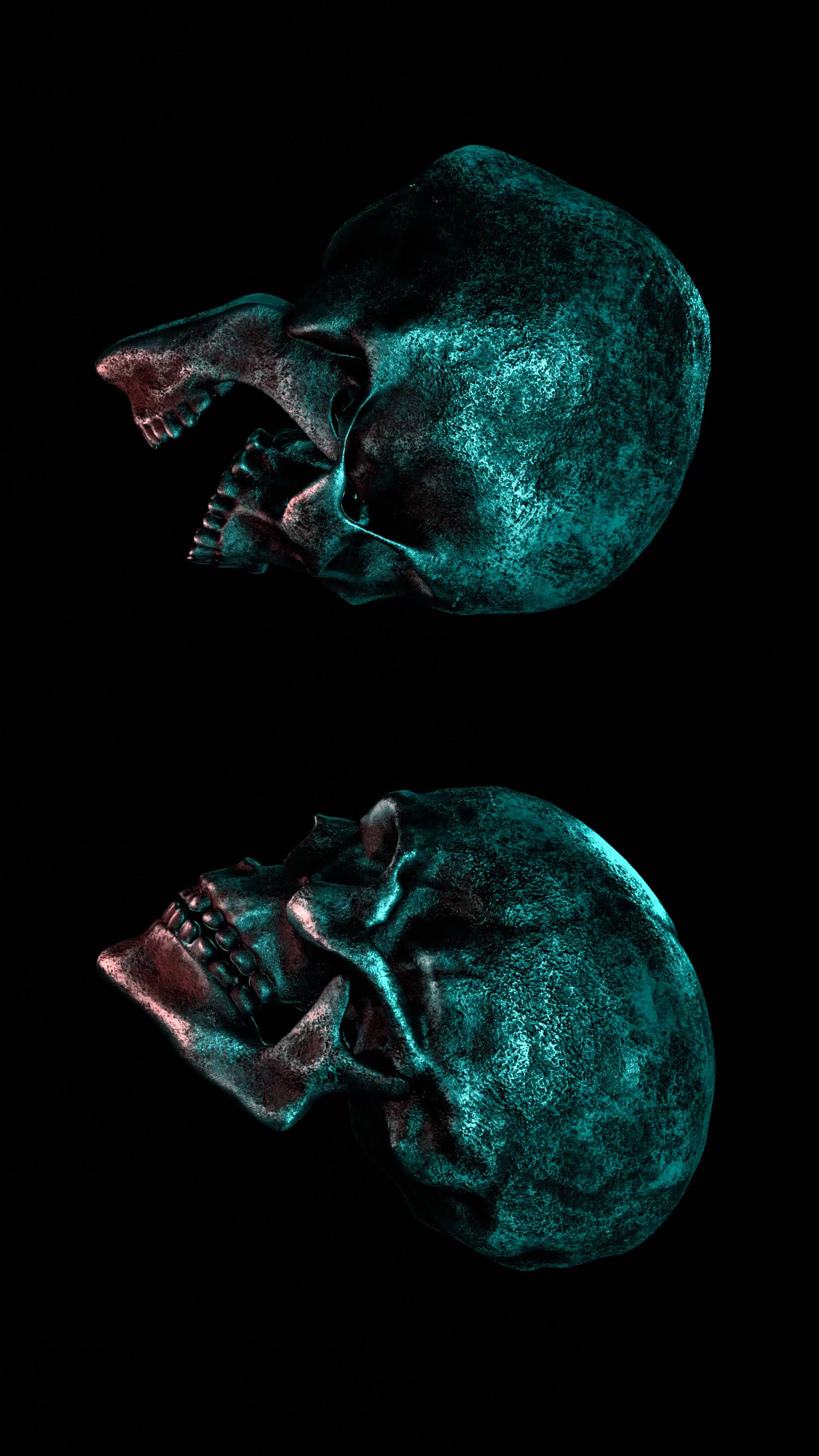 Skeleton Love, two skulls, teal-lit, 2K Phone Wallpaper