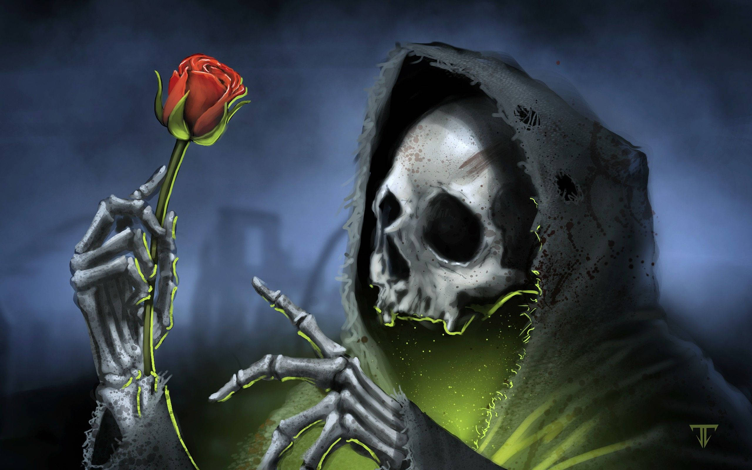 Love Rose Skeleton, grim reaper, glowing green outline, 2K Desktop Wallpaper
