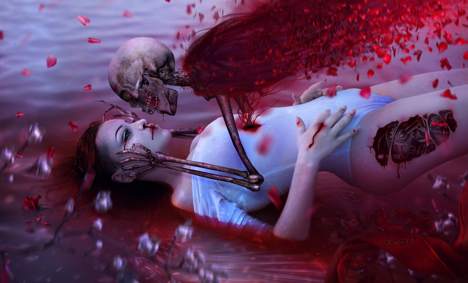 Skeleton Love, cyborg, crimson water, Full HD Desktop Wallpaper