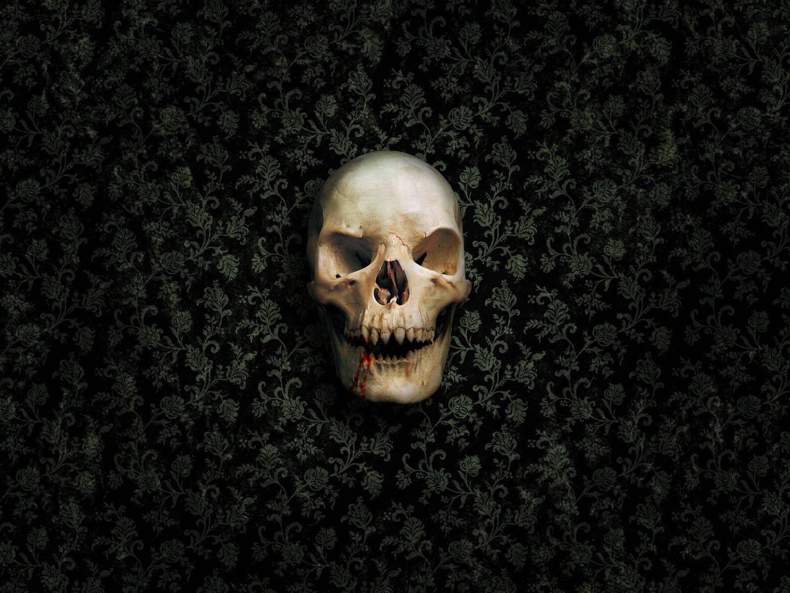 skull skeleton, blood dripping from its teeth, dark ornate wallpaper, HD Desktop Wallpaper