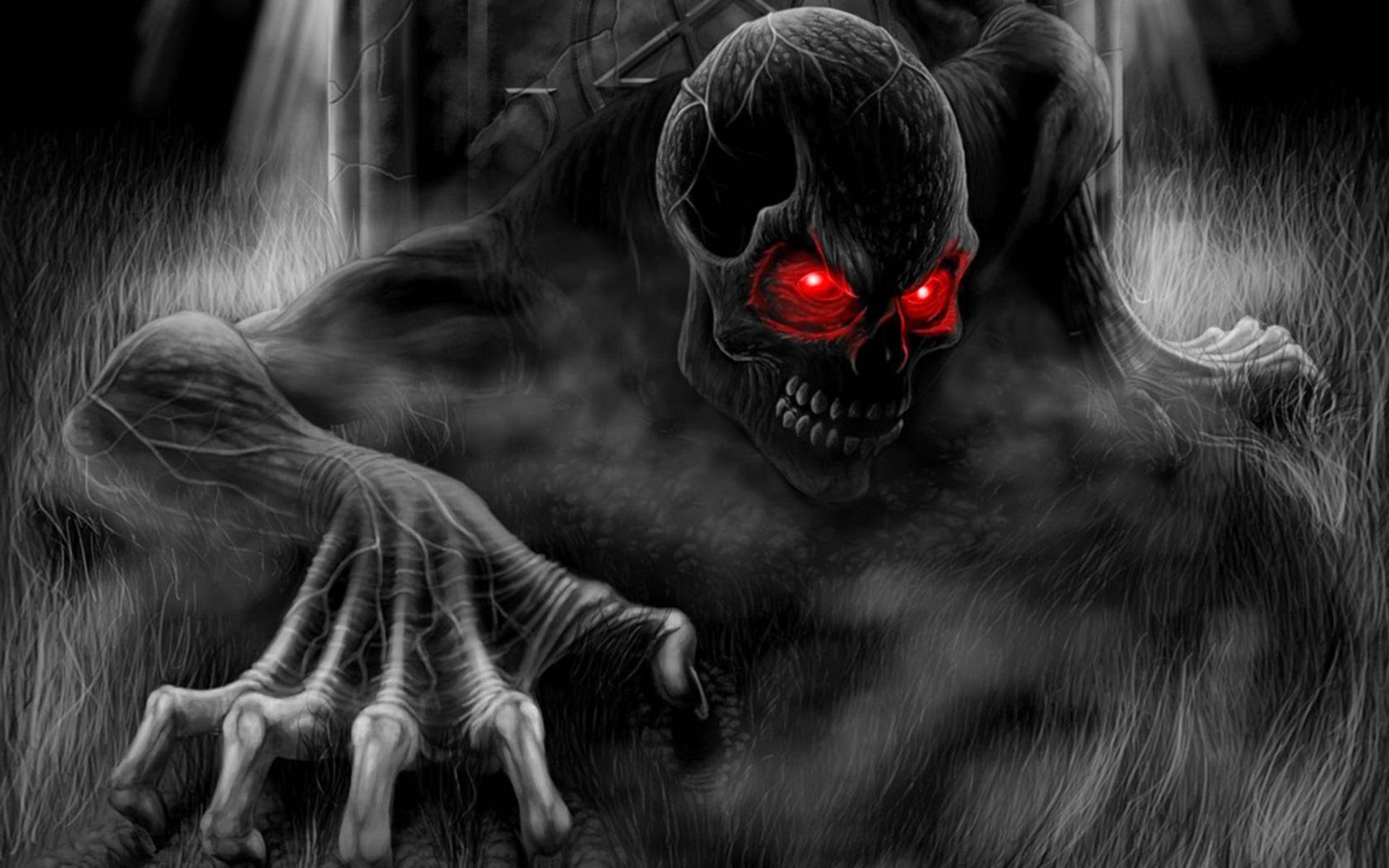 scary crawling skeleton, glowing red eyes, dark grass, 2K Desktop Wallpaper