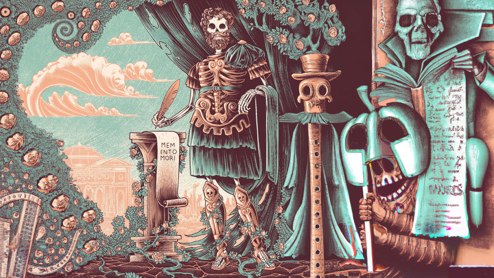 memento mori, skeletal figure, skull-headed flute player, HD Desktop Wallpaper