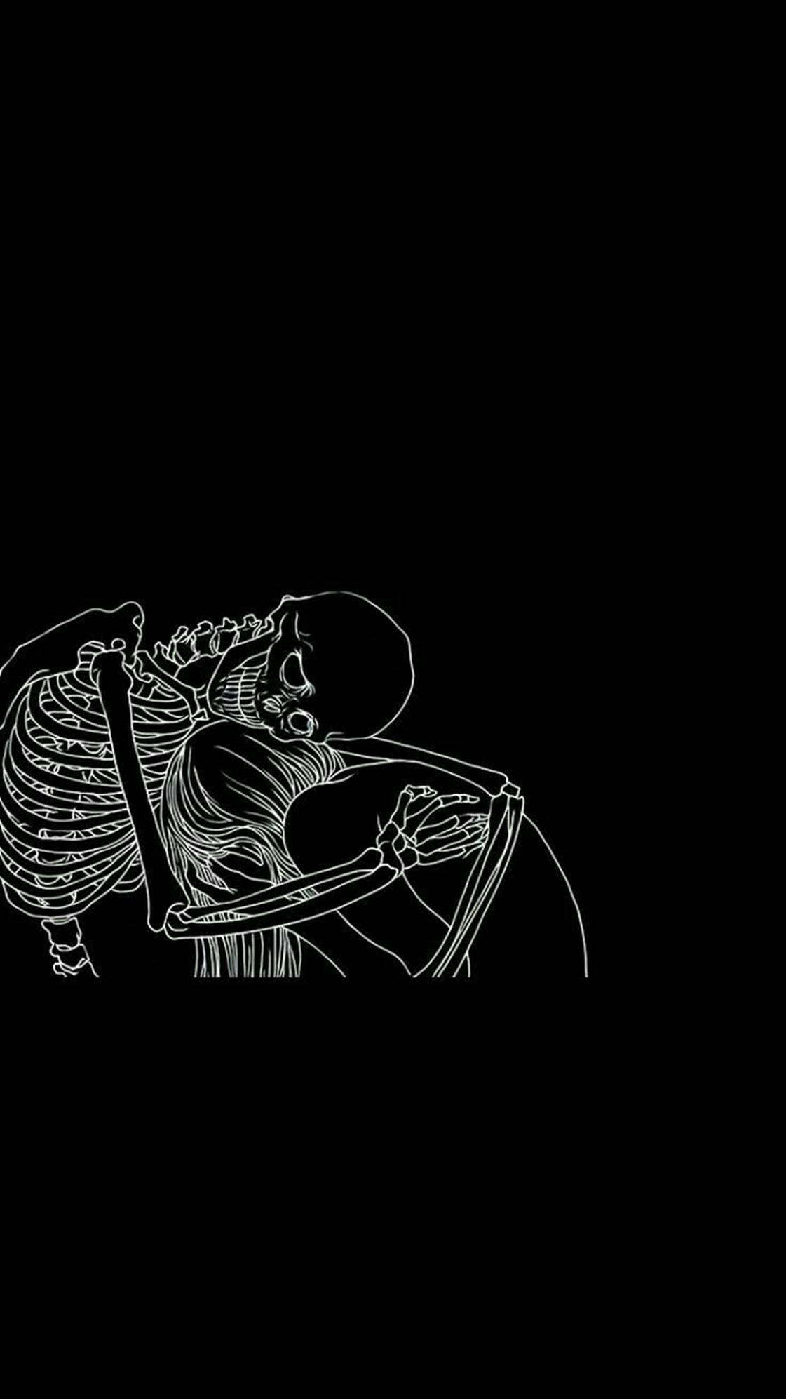 hugging skeleton, glowing white line art, stark black background, Full HD Phone Wallpaper