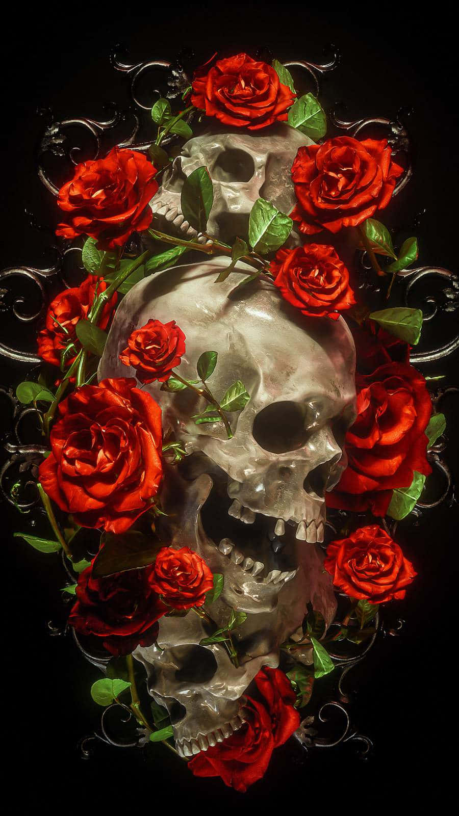 love skulls and roses, vibrant red roses, ornate black ironwork, HD Phone Wallpaper