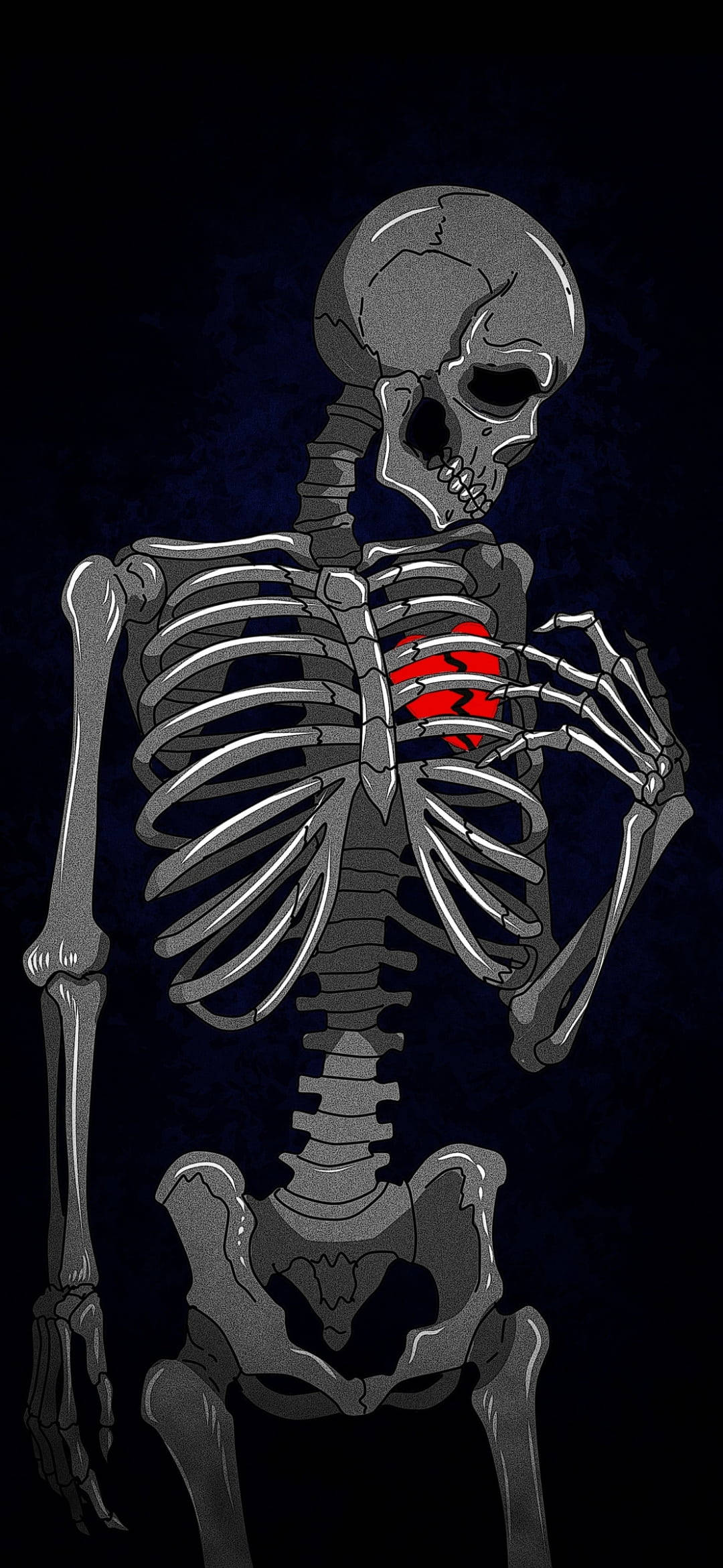 gray skeleton, dark blue background, glowing red heart, Full HD Phone Wallpaper