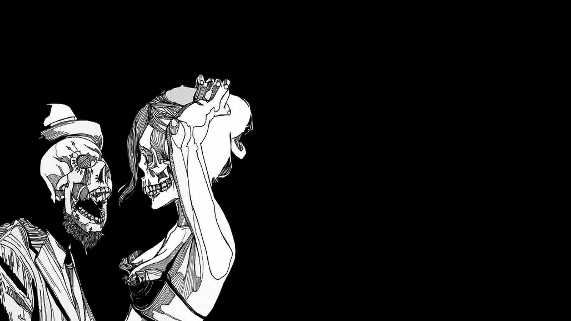 Skeleton Love, black and white line art, stark black background, Full HD Desktop Wallpaper
