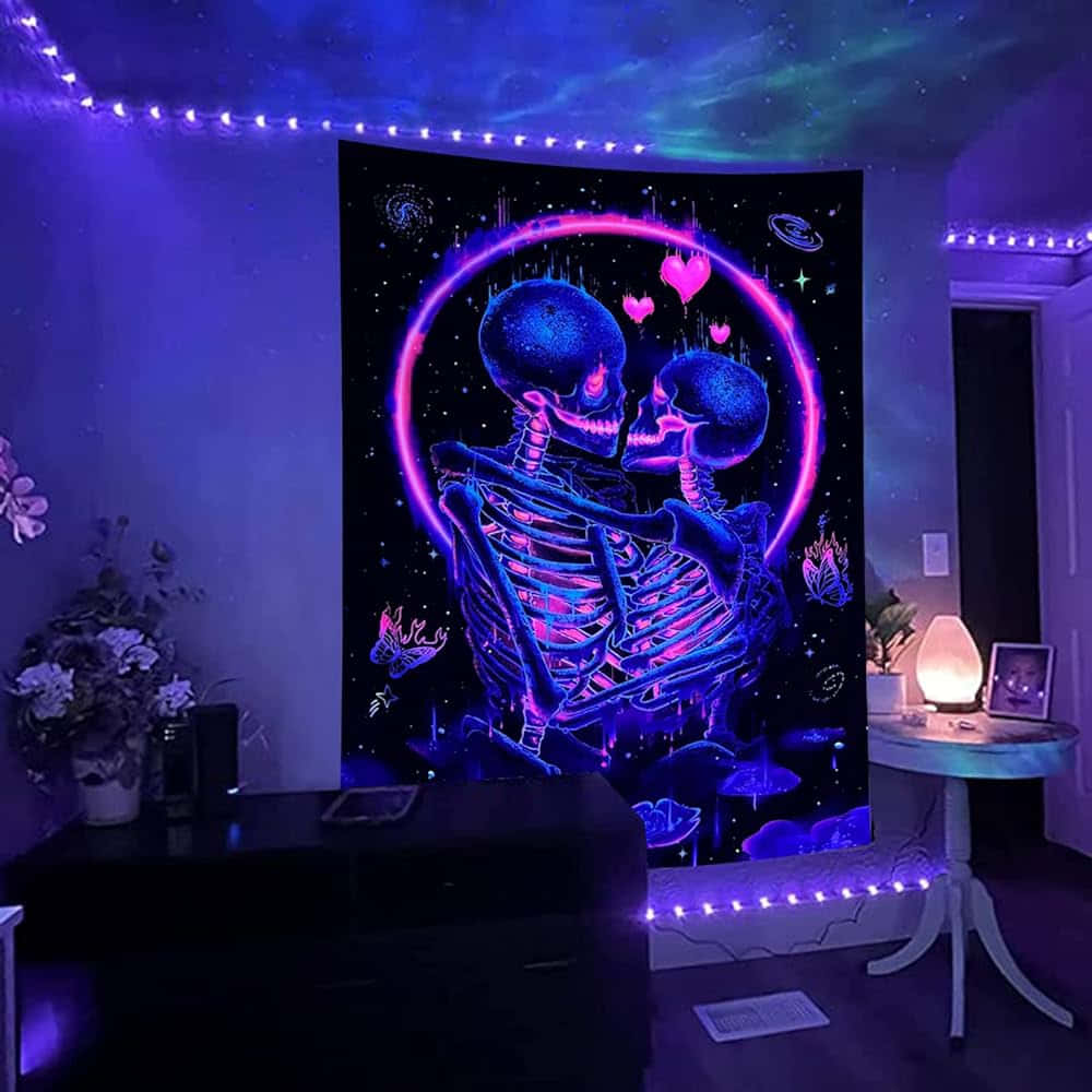 Cosmic Love Skeletons Tapestry, neon pink ring, cosmic black backdrop, SD Desktop Wallpaper
