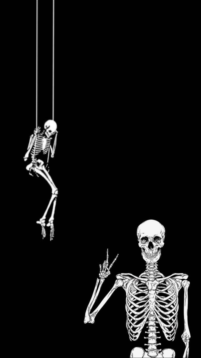 cute skeleton, white skeletal figures, hanging by ropes, SD Phone Wallpaper