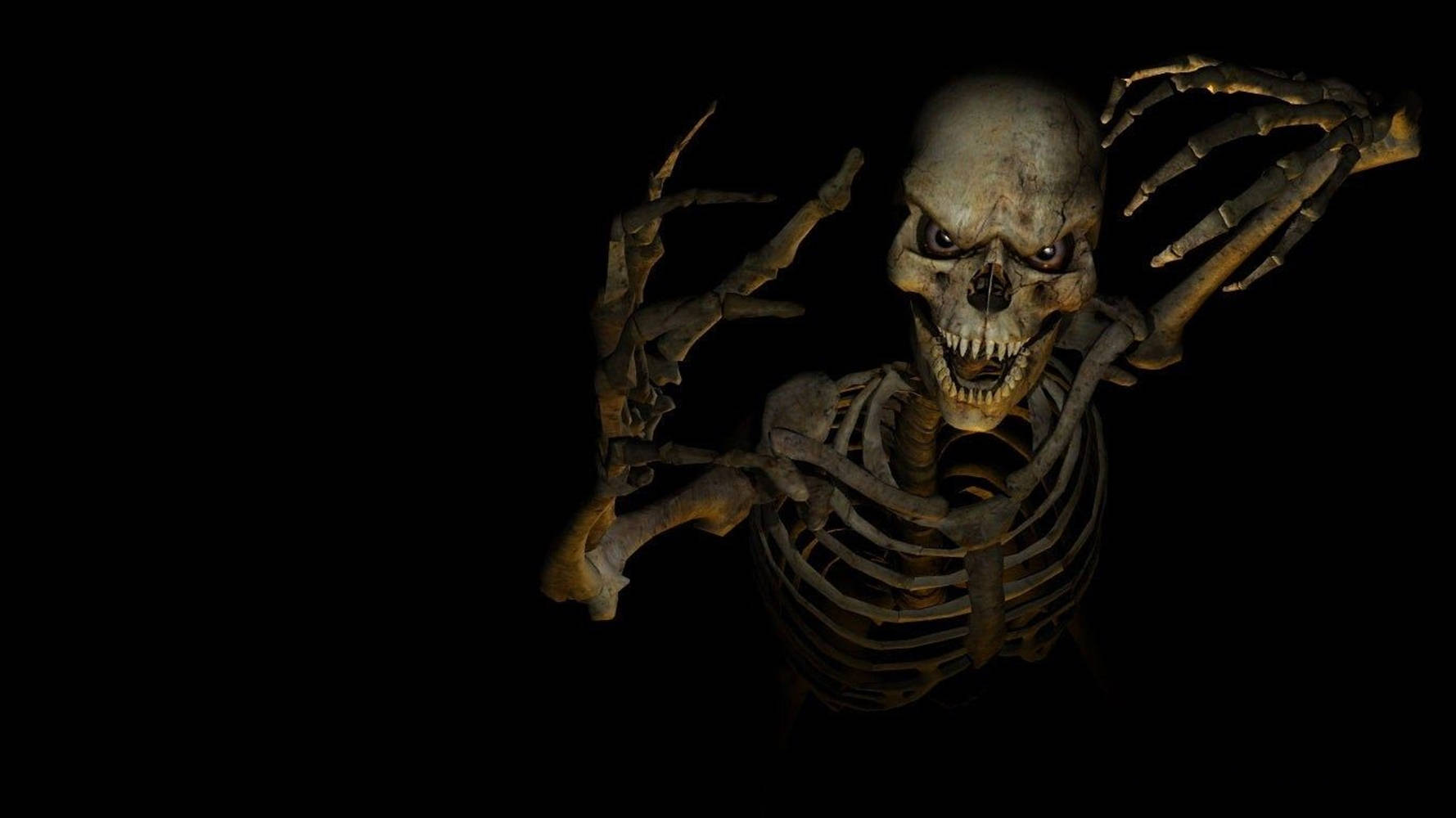 3D Ghost Skeleton, glowing eyes, outstretched hands, HD Desktop Wallpaper