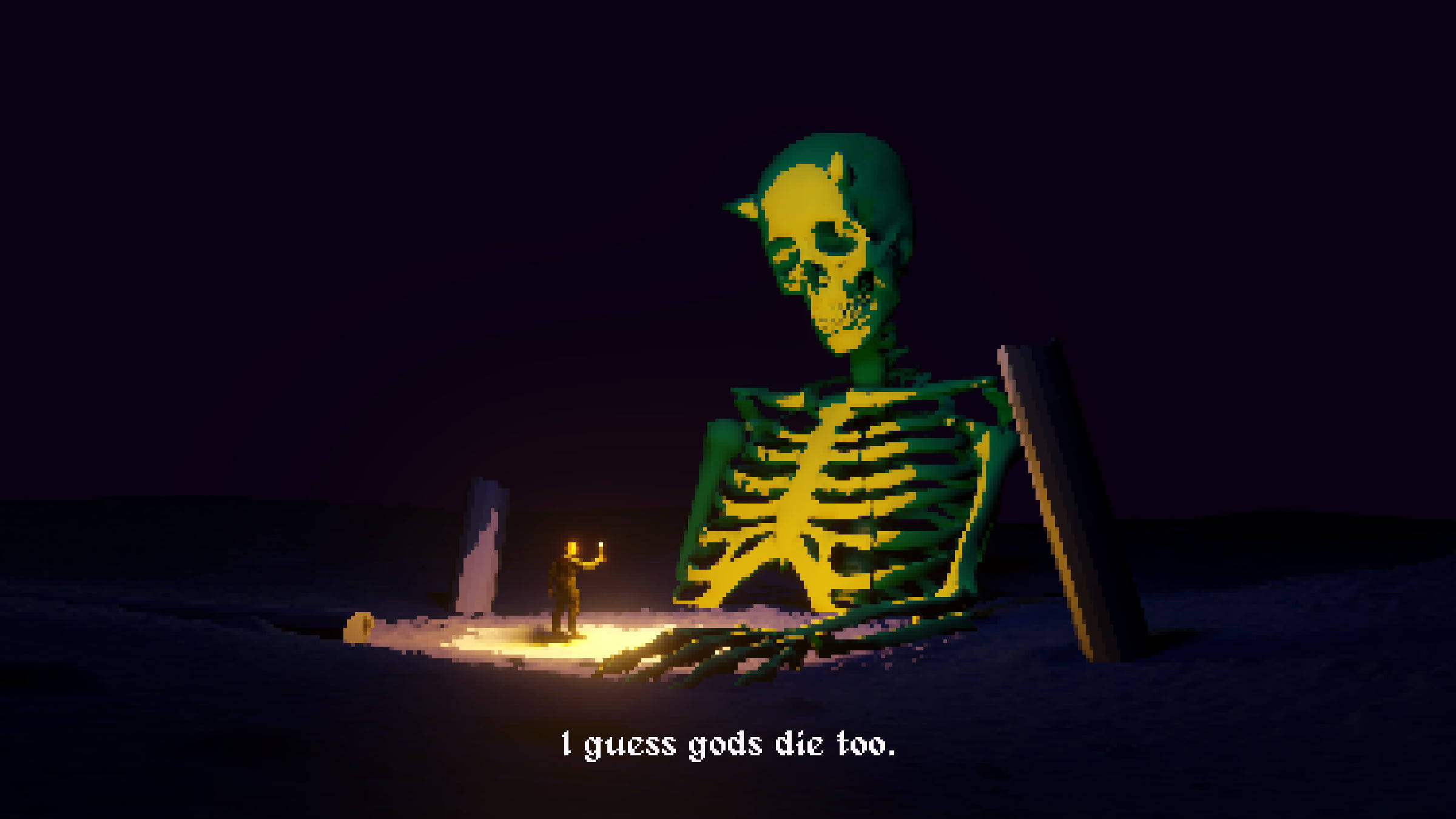 pixel art skeleton, giant glowing green skeleton, dark desert, Full HD Desktop Wallpaper