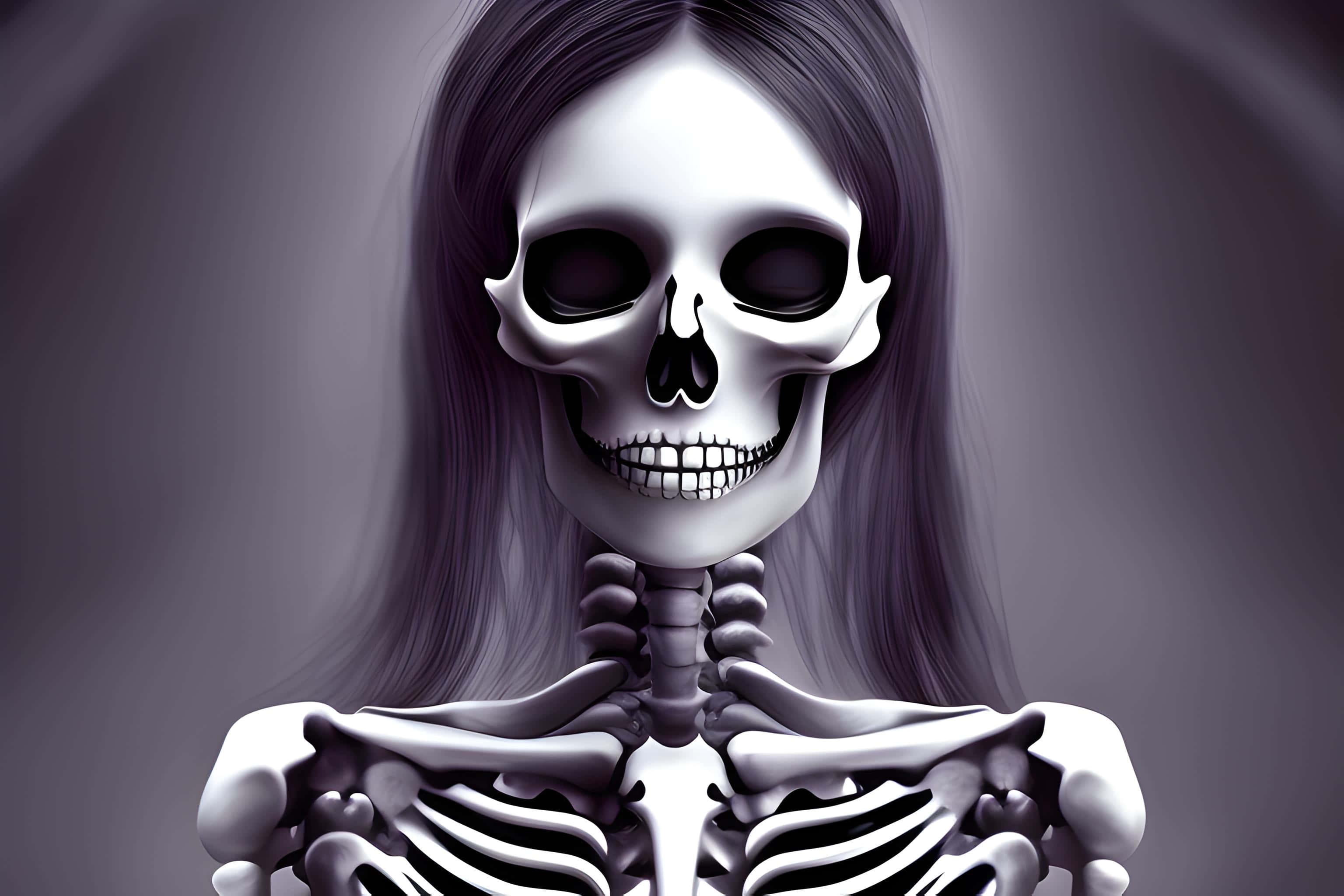 female skeleton, long dark hair, subtle smile, 2K Desktop Wallpaper