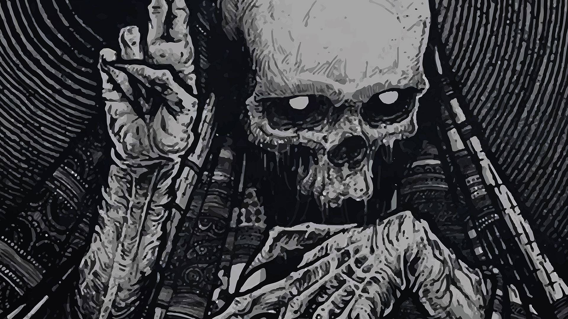 Spooky Dark Skeleton, skeletal figure, glowing eyes, Full HD Desktop Wallpaper
