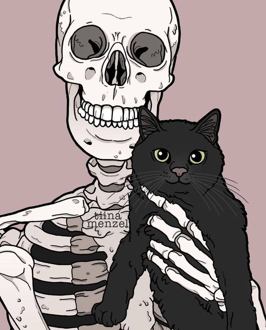 cute skeleton, fluffy black cat, glowing green eyes, SD Phone Wallpaper