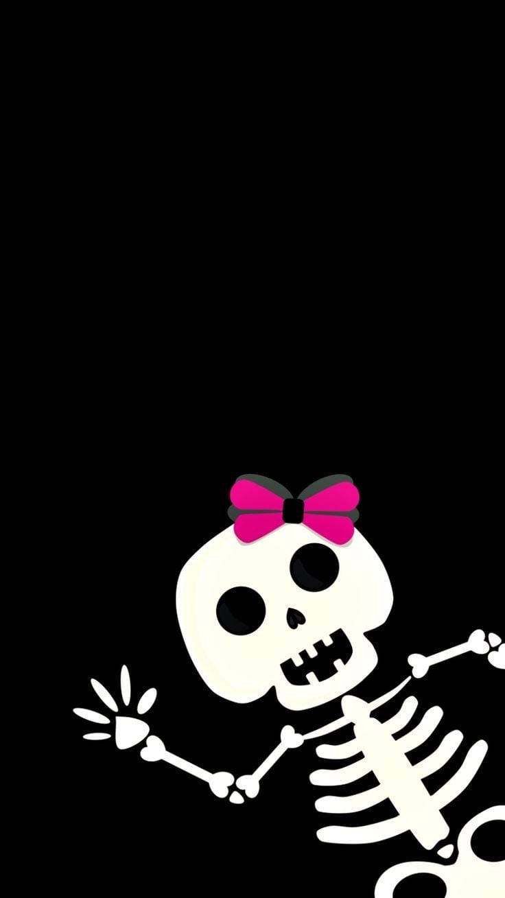 cute skeleton, pink ribbon, white cartoon skeleton, HD Phone Wallpaper
